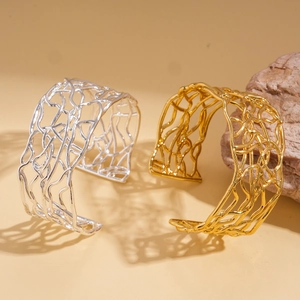 18K gold and silver plated cross wrap open bangles with modern irregular mesh design