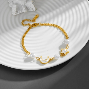 Titanium steel gold bracelet with stars, moon, pearls, and white shell inlays