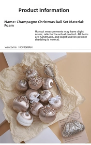 Detailed close-up of champagne foam Christmas ornaments with sequins and velvet ribbons