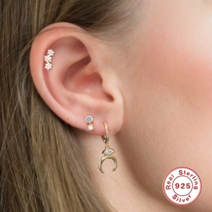 925 Sterling Silver gold flower and moon earrings set with zircon stones on model