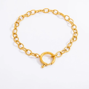 Detail of gold geometric link chain bracelet featuring a large circular spring clasp