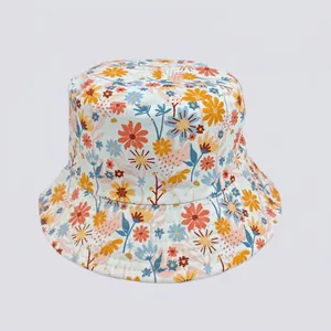 Close-up of vibrant floral print and reinforced stitching on a white cotton bucket hat