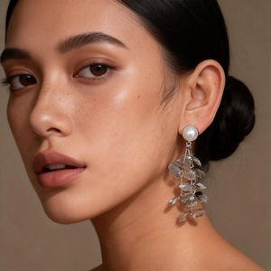 Elegant silver hollow leaf petal earrings with pearl stud on model in profile view