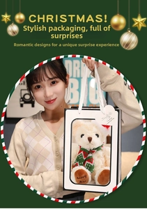 Christmas plush teddy bear with scarf in a transparent gift bag with a heart tag