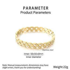 Detailed specs for gold clover hollow stainless steel bangle with diamond accents