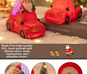 Detail of hand-painted PVC Christmas car lamp with Santa Claus and glowing LED tree