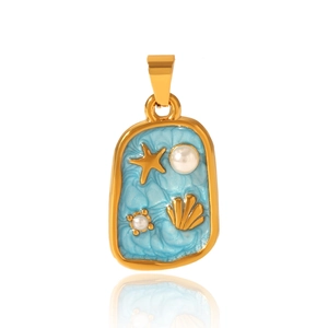 Macro view of a gold shell and starfish pendant with blue enamel and pearl inlay