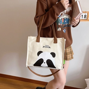 Canvas Tote Bag Cute Panda Print Large Capacity Casual Shoulder Handbag For Women Daily Commute Zipper Closure