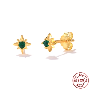 Star-shaped S925 sterling silver earrings with emerald green crystals in gold finish