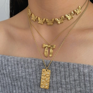 Stainless Steel Butterfly Bow Hammered Plate Pendant Necklace Gold Plated Zircon Inlaid Minimalist Jewelry For Women
