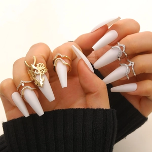 5Pcs Copper Zircon Nail Rings Set with Crown and Flower Designs for Women