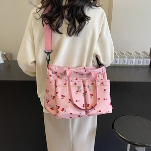 Cherry Print Nylon Crossbody Tote Bag Multi Pocket Large Capacity Casual Travel Handbag For Women