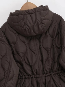 Detailed back view of a dark brown hooded quilted jacket with wave-pattern stitching