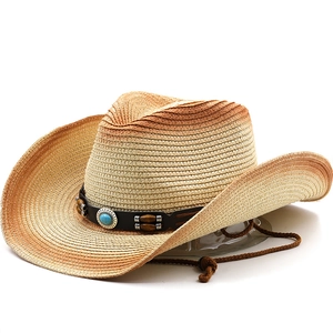 Cowboy Strohhut Papier Stroh Ombre Farbverlauf Breite Krempe Sonnenschutz Strand Panama Mit Holzperlen Türkis Gurt