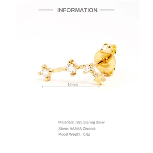 Detailed view of S925 sterling silver star earring with white AAAAA zirconia stones