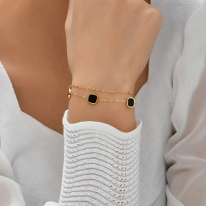 Layered Stainless Steel Bracelet Geometric Black Square Charm Gold Plated Minimalist Fashion Jewelry For Women