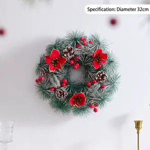 Christmas wreath with pine needles, red berries and flowers, 32cm diameter size