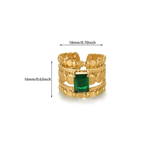 Golden irregular open ring with green square gemstone and floral texture, 18mm wide