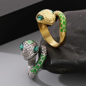 Bohemian emerald eye snake rings with green enamel scales in gold and silver finish