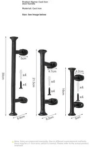 Detailed size specifications for three sizes of vintage black cast iron door handles
