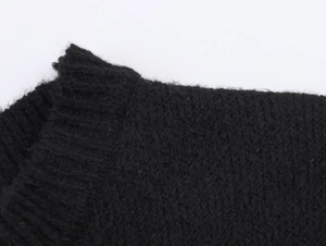 Close-up of high-quality black knit fabric showing detailed neckline and seam texture