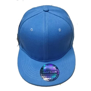 Top view of a light blue flat brim snapback cap with holographic brim sticker and eyelets