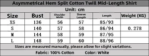 Size chart for women white cotton poplin shirt with irregular split hem measurements