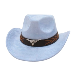 Detail of light blue faux suede cowboy hat with silver bull head buckle and brown stitching