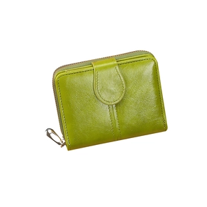 Short faux leather zipper wallet in light green with lychee texture and snap closure