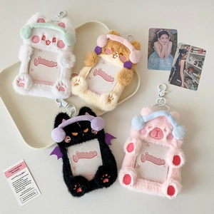 Collection of cute plush cat-shaped card holders in white, brown, black and pink with hooks