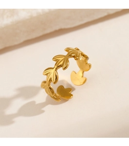 Detailed view of 18K gold plated stainless steel leaf ring with an open adjustable design
