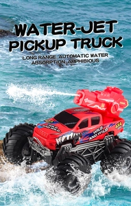 Water-jet pickup truck RC car driving through ocean waves with a dynamic water spray