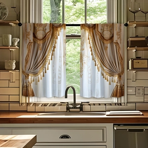 Detail of 3D digital print kitchen curtains with golden embroidery and tassels decoration