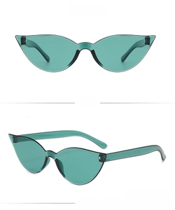 Detailed front and side views of translucent green cat-eye sunglasses with sharp angles