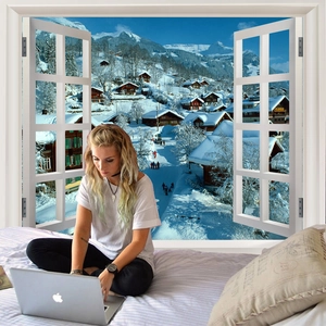 Detail view of 3D window view tapestry showing snow mountain town in a bedroom setting