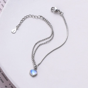 Chic double-layer S925 silver bracelet featuring a heart-shaped moonstone pendant