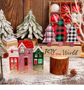 Christmas wooden house and tree desktop ornaments with Home for the Holidays text