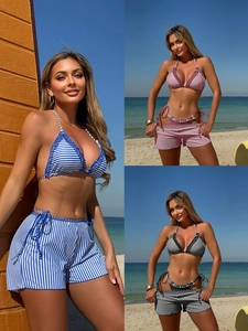 Haut Et Bas De Bikini Dos Nu Pour Femmes Avec Short À Cordon Assorti Imprimé Rayures Pois Bordure À Volants Beachwear