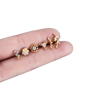 Titanium gold stud earrings set featuring leaf flower and cat paw designs with zircons