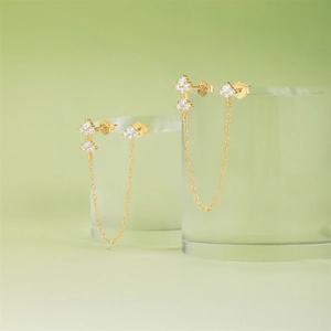 Detailed macro view of S925 sterling silver gold earrings with sparkling white zircon