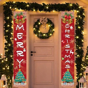 Red Christmas banners with golden bells and snowman on front door with warm lights