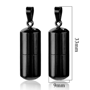 Polished black stainless steel capsule pendant with dimensions 33mm by 9mm