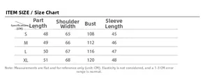 Detailed size chart for faux fur jacket showing S-XL measurements in centimeters