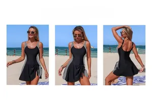 Detailed views of a black one-piece swimdress with striped side panels and tied skirt detail