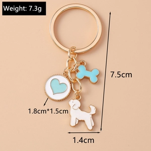 Detailed view of alloy pet keychain with dog bone and heart enamel charms and dimensions