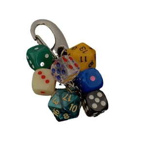 Colorful multi-sided dice keychain with various polyhedral resin charms for bag decoration