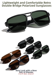 Detail view of retro double-bridge polarized square sunglasses in five color options