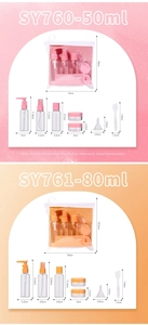 Detailed size specifications for 7-piece travel toiletry set with bottles and jars