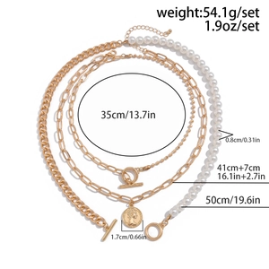 Detailed view of layered baroque pearl necklace with length and weight specifications