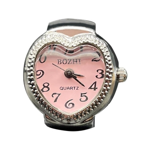 Fashionable heart-shaped quartz finger ring watch with pink dial and silver metal case
